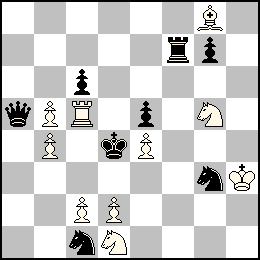 Rh3 Pb5 Pb4 Pc2 Pd2 Pe4 Tc5 Fg8 Cd1 Cg5 + Rd4 Pc6 Pe5 Pg7 Da5 Tf7 Cc1 Cg3