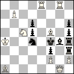 Ra4 Pb7 Pf2 Ph2 Dg1 Te8 Tg8 Fa1 Ff5 Cc5 + Rf4 Pd6 Pd5 Pf3 Ph6 Ph5 Th4 Th3 Fg4 Cd4