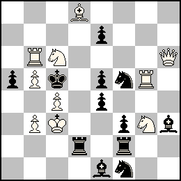 Rc3 Pb5 Pb3 Pc4 Dh6 Tb6 Tg5 Fd8 Cc6 Cg3 + Rc5 Pa5 Pe7 Pe5 Pe4 Pf3 Td2 Tf2 Fe1 Fh3 Cf5 Cf1