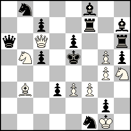 Rg1 Pe3 Pf3 Pg5 Pg4 Dc6 Fb3 Cb5 Ch4 + Re5 Pc7 Pc5 Pd3 Pe6 Pg2 Ph5 Da6 Tf7 Th6 Ff8 Fh7 Cb8 Cf1