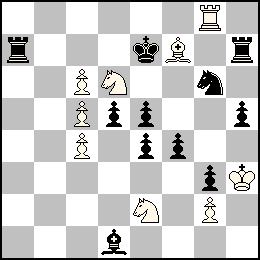 Rh3 Pc6 Pc5 Pc4 Pg2 Tg8 Ff7 Cd6 Ce2 + Re7 Pd5 Pe5 Pe4 Pf4 Pg3 Ph5 Ta7 Th7 Fd1 Cg6