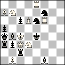 Rc4 Pd6 Dc3 Te8 Tf6 Fa7 Fb1 Cb7 Cd3 + Re4 Pa5 Pb3 Pc6 Da4 Ta3 Tc2 Fb4 Ff1 Ce6 Cf7