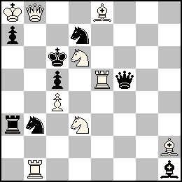 Ra8 Pc4 Db8 Tb1 Te5 Fe8 Fh2 Cd6 Cd3 + Rc6 Pa7 Pc5 Df5 Ta3 Fh1 Cb3 Cd7