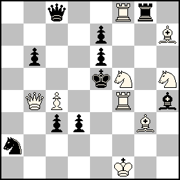 Rf1 Pc4 Db4 Tf8 Tf4 Fg3 Fh7 Cf5 Ch5 + Re5 Pb6 Pc3 Pd3 Pe7 Pe6 Dc8 Tg8 Fh4 Ca2
