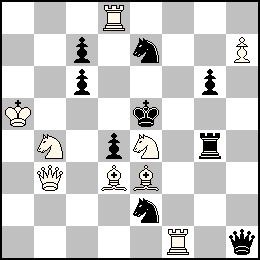 Ra5 Ph7 Db3 Td8 Tf1 Fd3 Fe3 Cb4 Ce4 + Re5 Pc7 Pc6 Pd4 Pg6 Dh1 Tg4 Ce7 Ce2