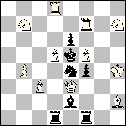 Rh4 Pb4 Pc3 Pd5 Pf5 De3 Td8 Tf7 Fh2 Cb7 Ch7 + Re5 Pe6 Pf4 Td1 Tf1 Fe2 Ce4