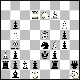 Rd1 Pa3 Pb5 Pc2 Pf4 Pg6 De5 Td7 Fb4 Ff7 Ce7 Ch1 + Re3 Pb6 Pb3 Pb2 Pd2 Pf3 Pg5 Pg4 Dh2 Ta2 Tf2 Fb1 Ce4