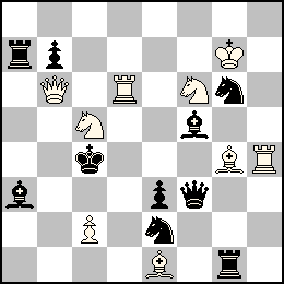 Rg7 Pc2 Db6 Td6 Th4 Fe1 Fg4 Cc5 Cf6 + Rc4 Pb7 Pe3 Df3 Ta7 Tg1 Fa3 Ff5 Ce2 Cg6