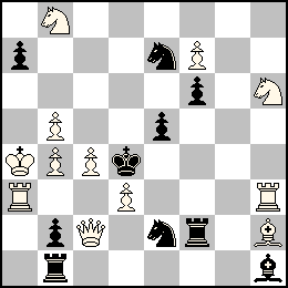 Ra4 Pb5 Pb4 Pc4 Pd3 Pf7 Dc2 Ta3 Th3 Fh2 Cb8 Ch6 + Rd4 Pa7 Pb2 Pe5 Pf6 Tb1 Tf2 Fh1 Ce7 Ce2
