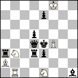 Rf8 Pf4 Tb1 Fa2 Cb3 Ce1 + Re4 Pd5 Pe7 Pe3 Dd4 Ta3 Td3 Fh1